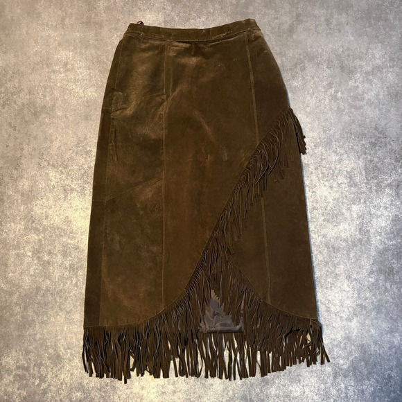 Tower Hill Collection Dresses & Skirts - Vintage Brown Suede Leather Fringe Western Midi Skirt Womens 14
